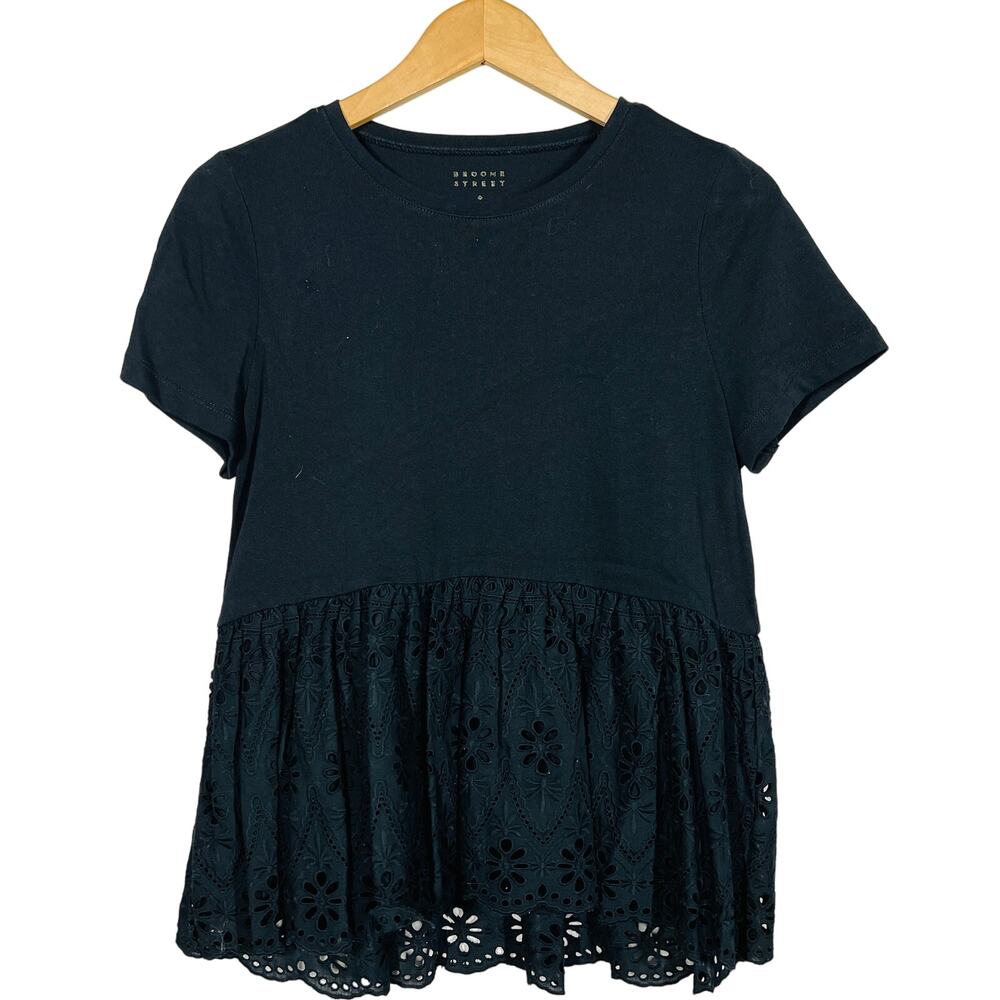 Broome Street x Kate Spade Eyelet Ruffle Tee Top Shirt Casual Short Slv Black- S